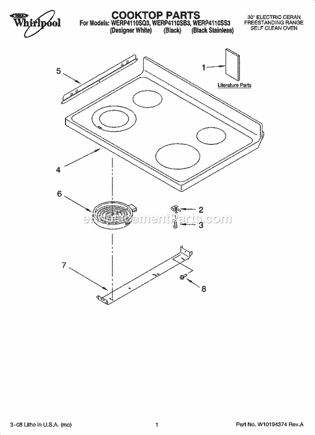 Whirlpool WERP4110SB3 Freestanding Electric Cooktop Parts Diagram