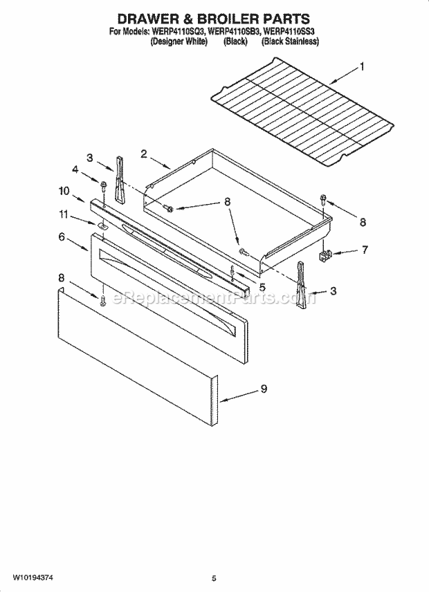 Whirlpool WERP4110SB3 Freestanding Electric Drawer & Broiler Parts Diagram