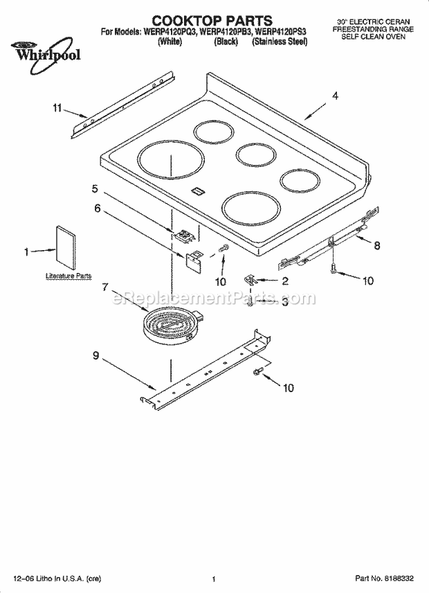 Whirlpool WERP4120PB3 Freestanding Electric Cooktop Parts Diagram