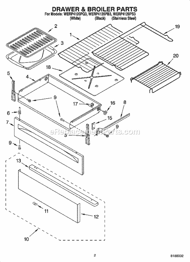 Whirlpool WERP4120PB3 Freestanding Electric Drawer & Broiler Parts Diagram