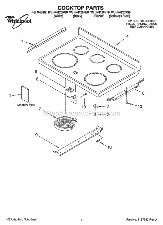 Whirlpool WERP4120PT0 Freestanding Electric Range Cooktop Parts Diagram