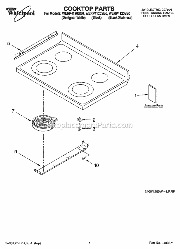 Whirlpool WERP4120SB0 Freestanding Electric Cooktop Parts Diagram