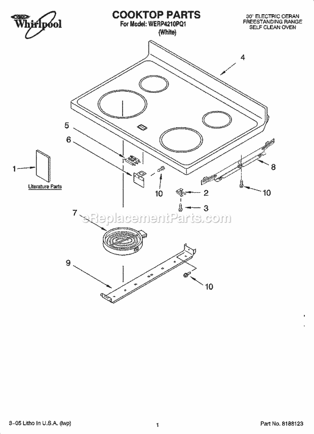 Whirlpool WERP4210PQ1 Freestanding Electric Range Cooktop Parts Diagram