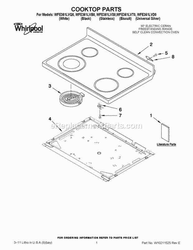 Whirlpool WFE361LVD0 Freestanding Electric Cooktop Parts Diagram