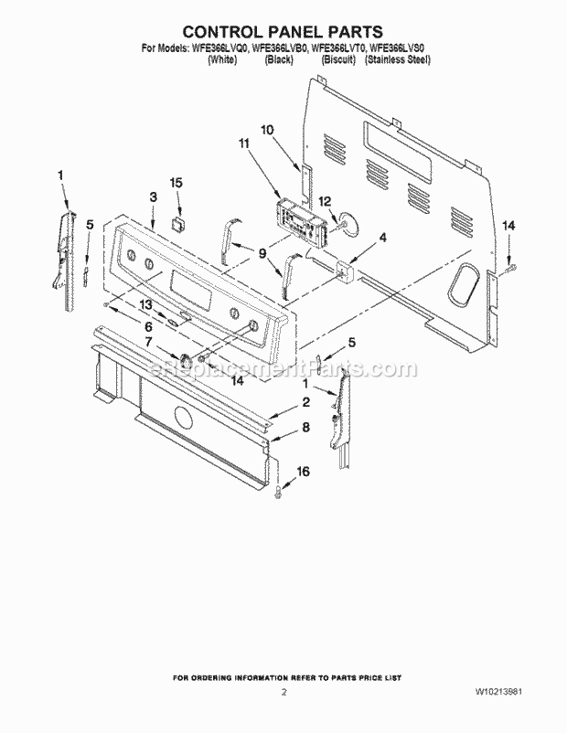 Whirlpool WFE366LVB0 Freestanding Electric Control Panel Parts Diagram