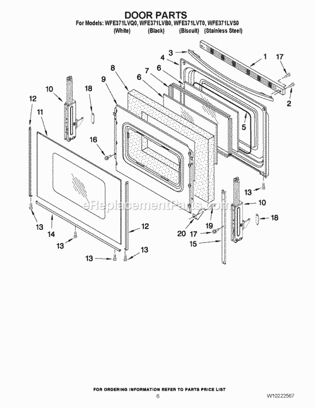 Whirlpool WFE371LVT0 Freestanding Electric Range Door Parts Diagram