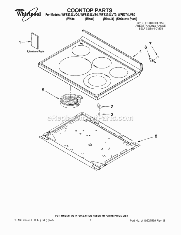 Whirlpool WFE374LVB0 Freestanding Electric Cooktop Parts Diagram