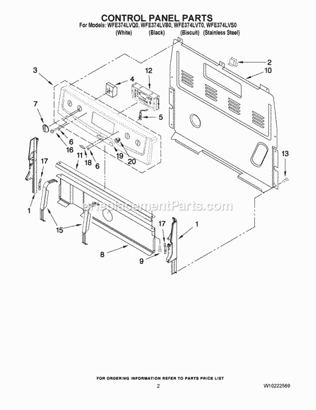 Whirlpool WFE374LVQ0 Freestanding Electric Control Panel Parts Diagram