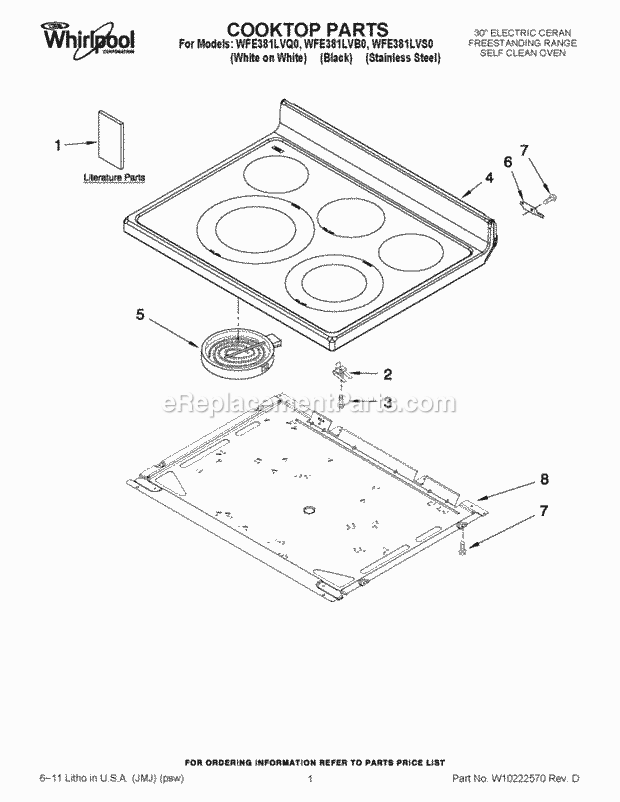 Whirlpool WFE381LVB0 Freestanding Electric Cooktop Parts Diagram