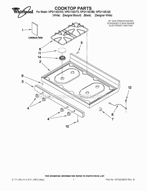Whirlpool WFG114SVB0 Freestanding Gas Range Cooktop Parts Diagram