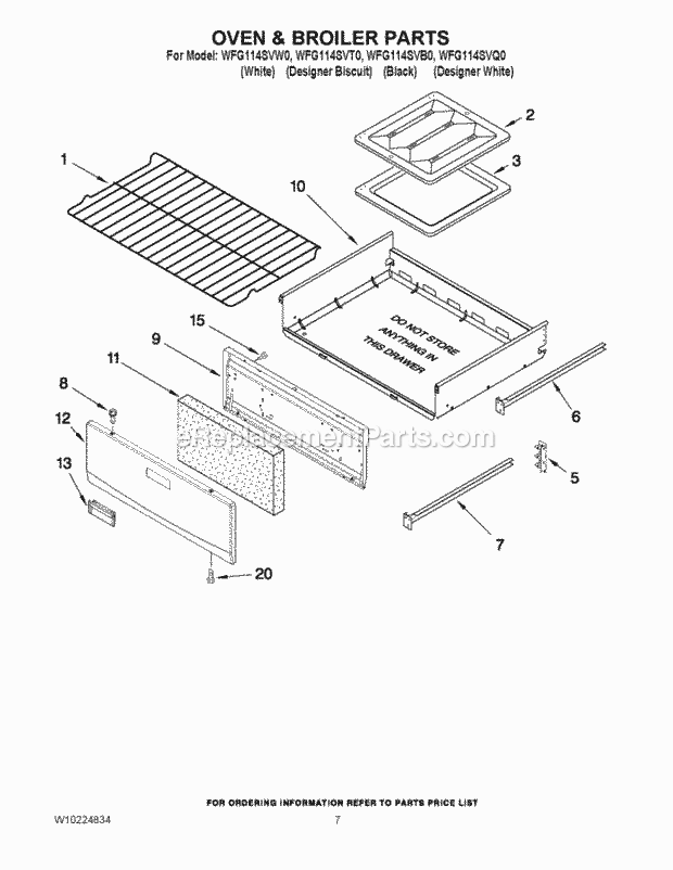 Whirlpool WFG114SVB0 Freestanding Gas Range Oven & Broiler Parts Diagram