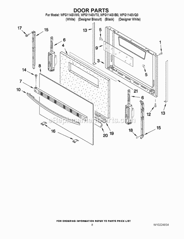 Whirlpool WFG114SVW0 Freestanding Gas Range Door Parts Diagram