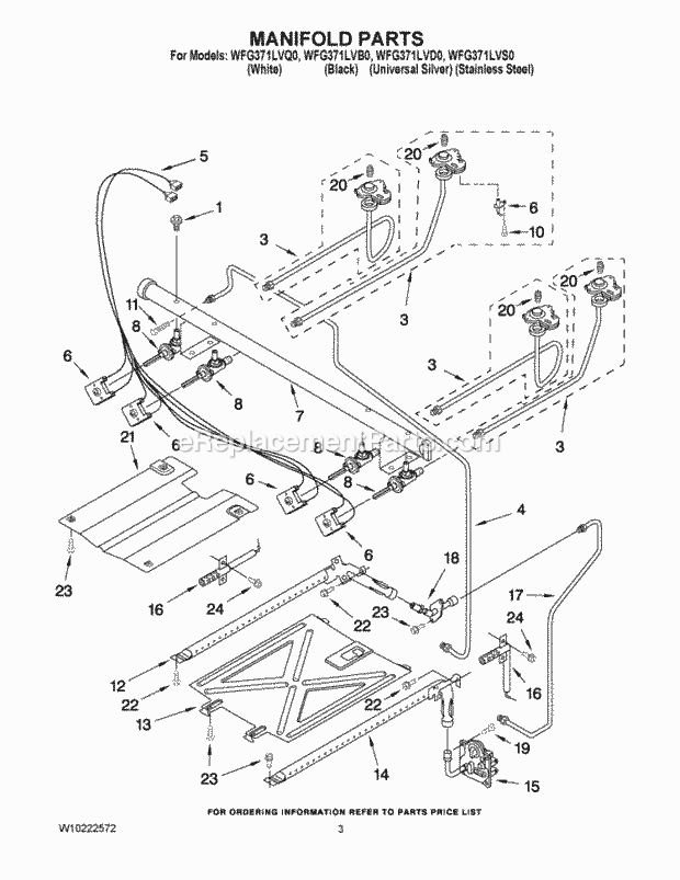 Whirlpool WFG371LVQ0 Freestanding Gas Range Manifold Parts Diagram