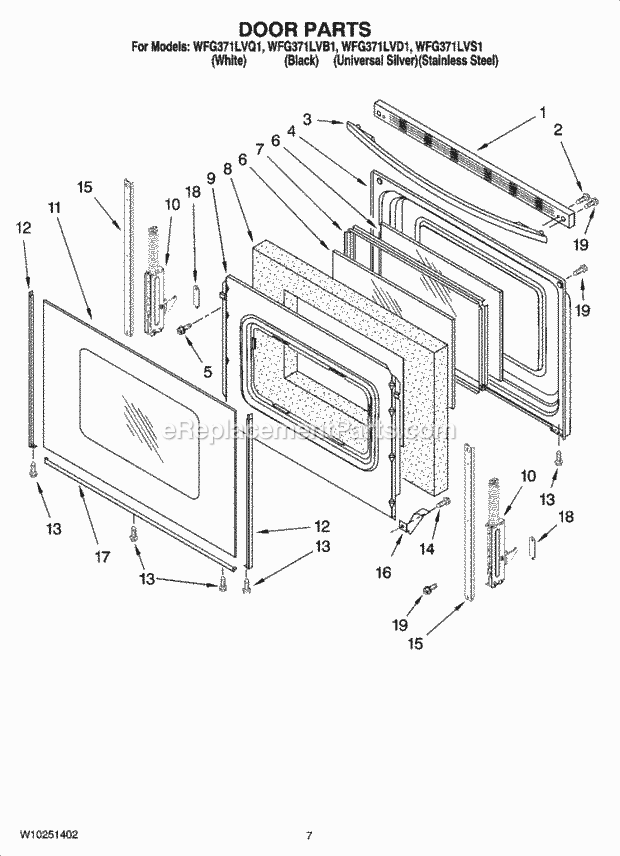Whirlpool WFG371LVQ1 Freestanding Gas Range Door Parts Diagram