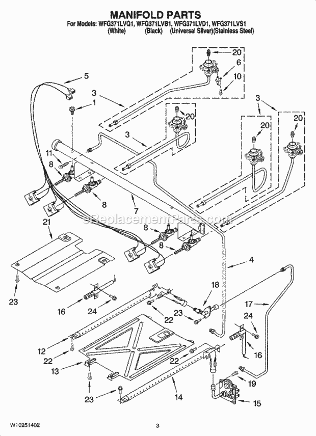 Whirlpool WFG371LVQ1 Freestanding Gas Range Manifold Parts Diagram