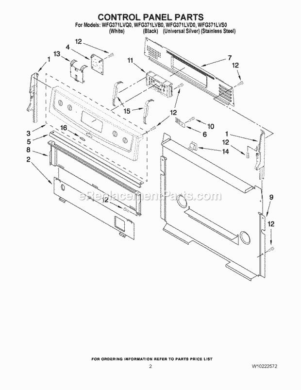 Whirlpool WFG371LVS0 Freestanding Gas Range Control Panel Parts Diagram