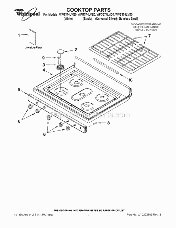 Whirlpool WFG374LVB0 Freestanding Gas Range Cooktop Parts Diagram