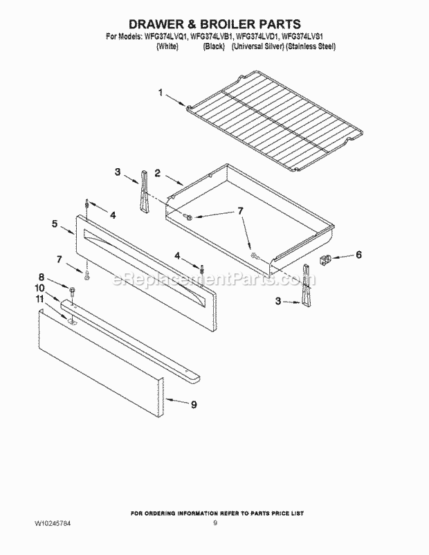 Whirlpool WFG374LVD1 Freestanding Gas Range Drawer & Broiler Parts Diagram