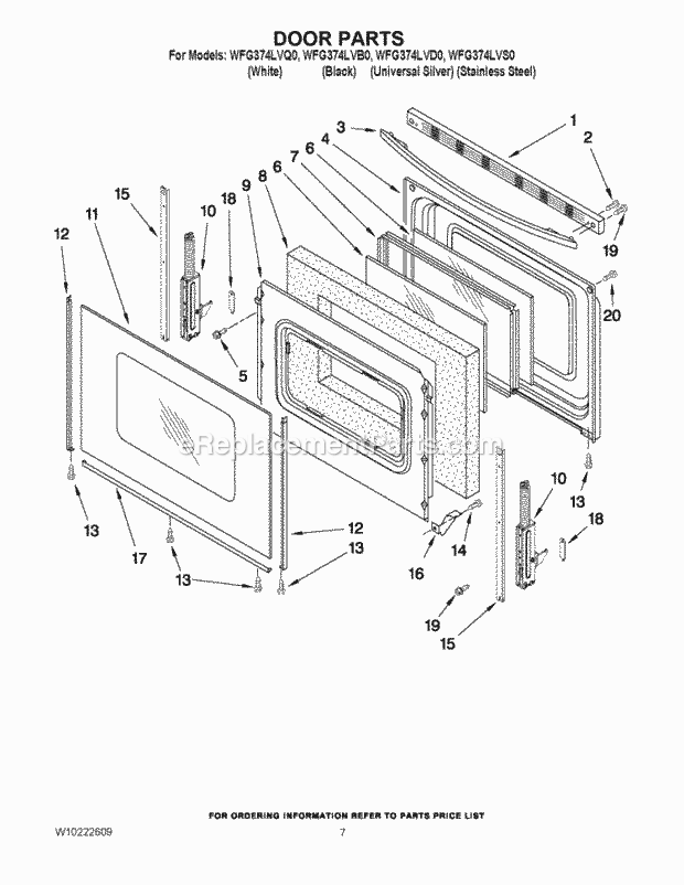 Whirlpool WFG374LVQ0 Freestanding Gas Range Door Parts Diagram