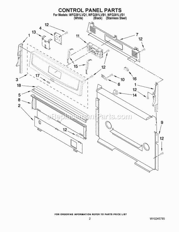 Whirlpool WFG381LVB1 Freestanding Gas Range Control Panel Parts Diagram