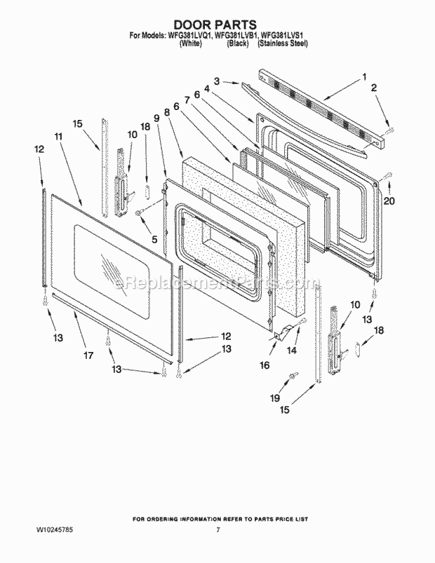 Whirlpool WFG381LVB1 Freestanding Gas Range Door Parts Diagram