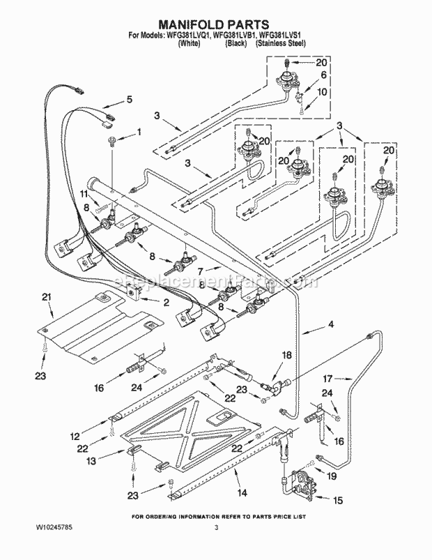 Whirlpool WFG381LVB1 Freestanding Gas Range Manifold Parts Diagram