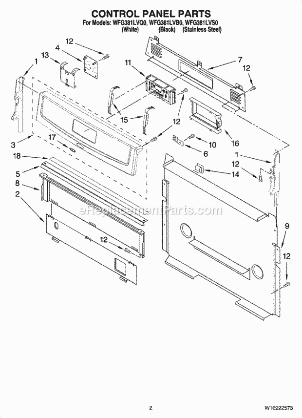 Whirlpool WFG381LVQ0 Freestanding Gas Range Control Panel Parts Diagram