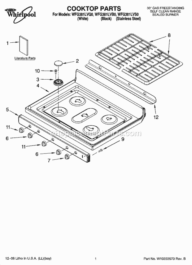 Whirlpool WFG381LVS0 Freestanding Gas Range Cooktop Parts Diagram