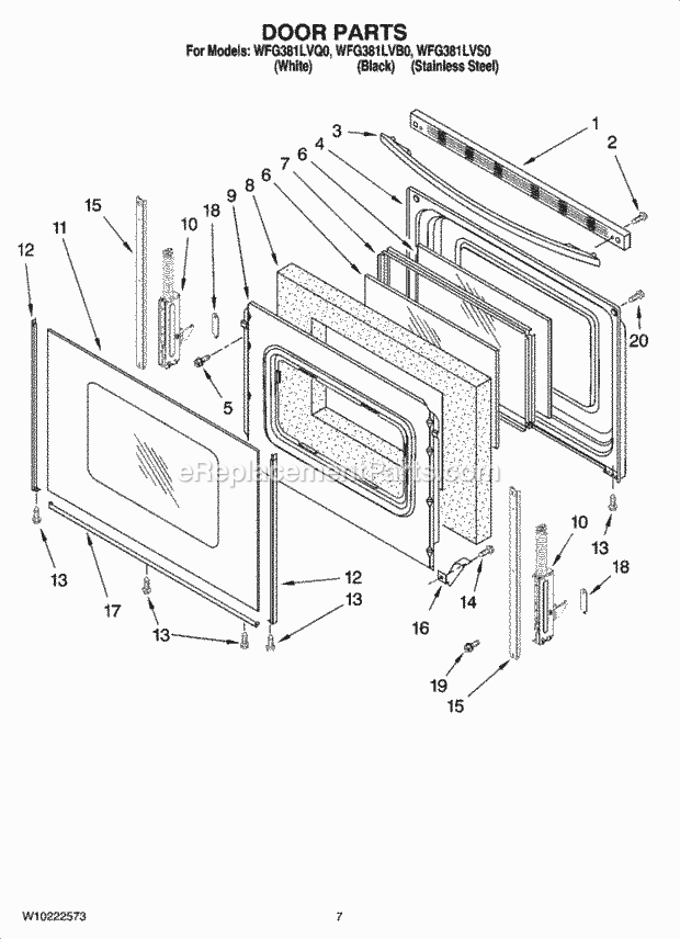 Whirlpool WFG381LVS0 Freestanding Gas Range Door Parts Diagram