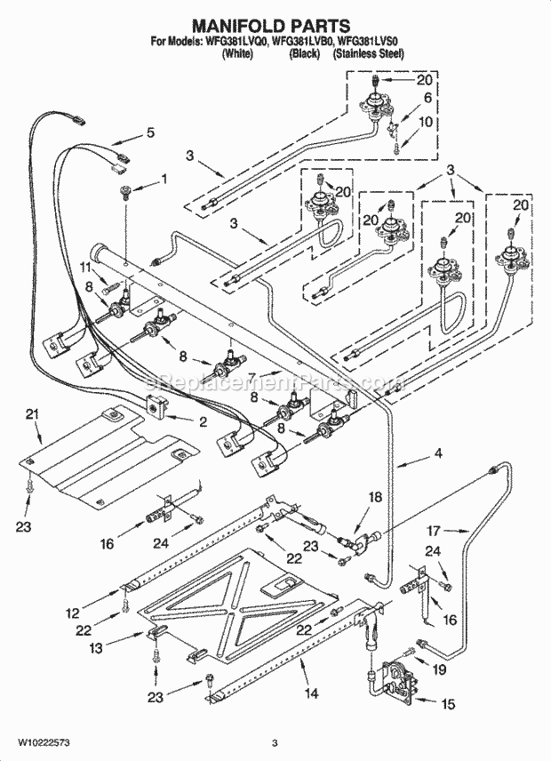 Whirlpool WFG381LVS0 Freestanding Gas Range Manifold Parts Diagram