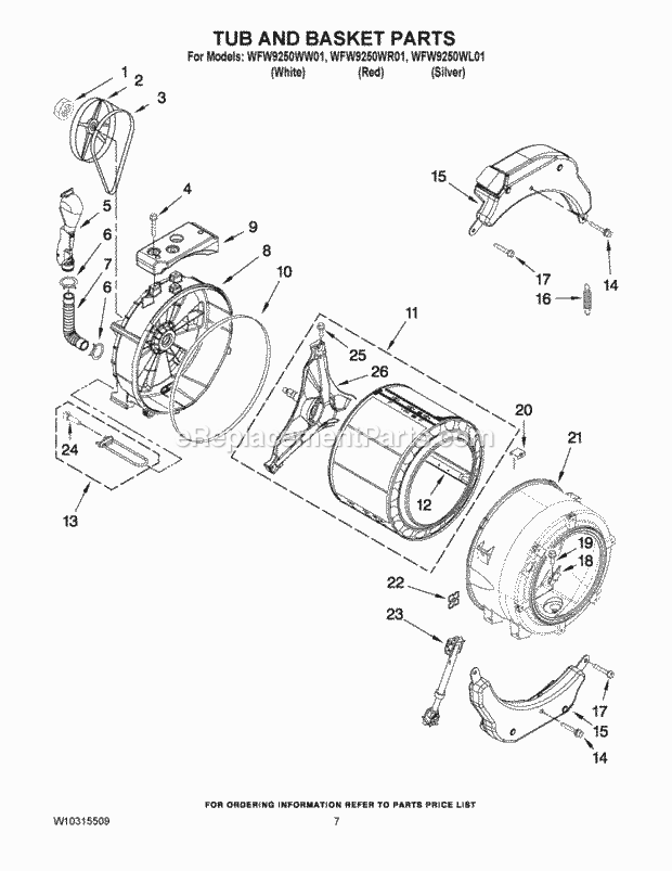 Whirlpool WFW9250WL01 Residential Automatic Washer Tub and Basket Parts Diagram