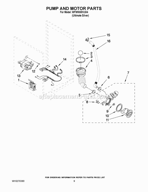 Whirlpool WFW9300VU04 Residential Automatic Washer Pump and Motor Parts Diagram