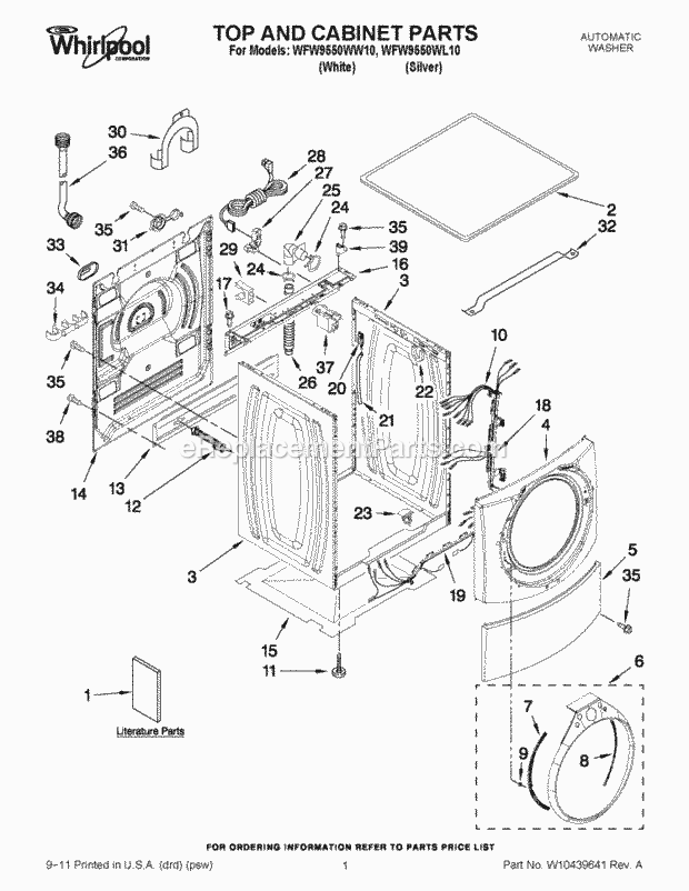 Whirlpool WFW9550WW10 Residential Automatic Washer Top and Cabinet Parts Diagram
