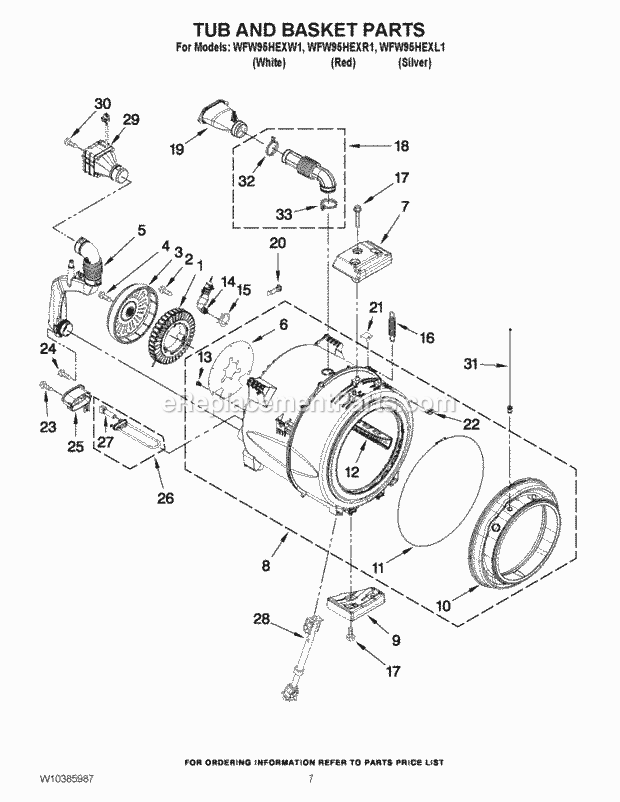 Whirlpool WFW95HEXW1 Residential Automatic Washer Tub and Basket Parts Diagram