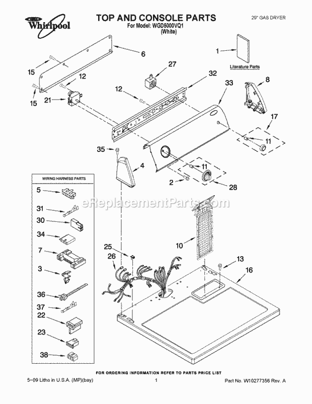 Whirlpool WGD5000VQ1 Residential Dryer Top and Console Parts Diagram