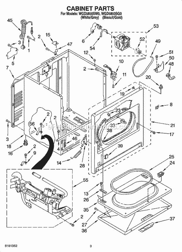 Whirlpool WGD5850SW0 Residential Dryer Cabinet Parts Diagram