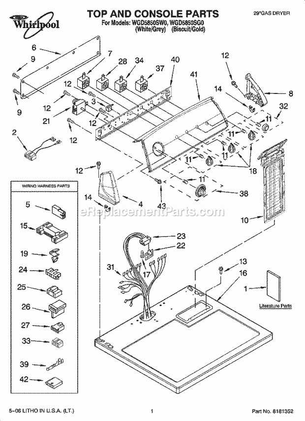 Whirlpool WGD5850SW0 Residential Dryer Top and Console Parts Diagram