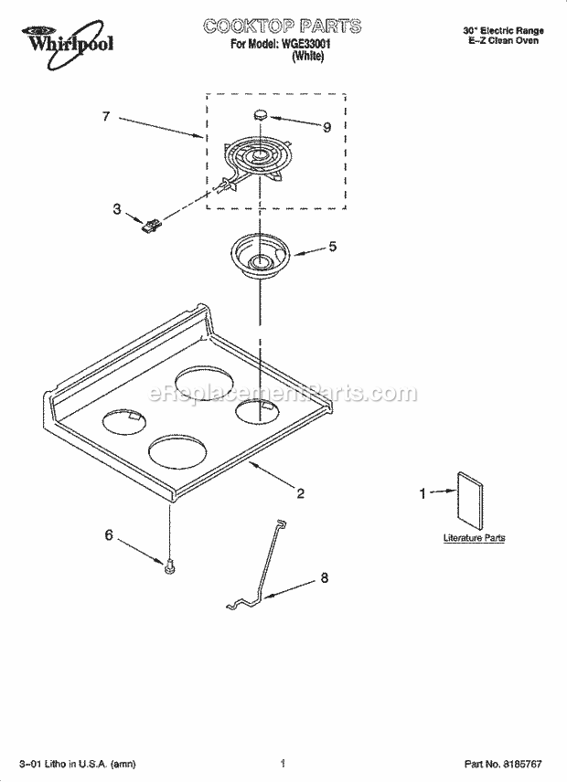 Whirlpool WGE33001 Freestanding Electric Cooktop Parts Diagram