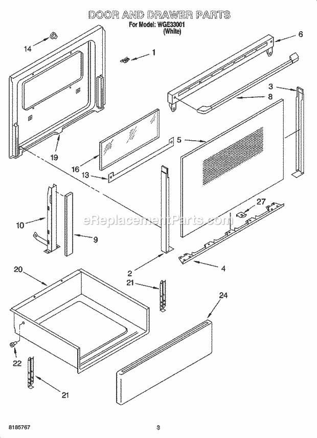 Whirlpool WGE33001 Freestanding Electric Door and Drawer Parts Diagram