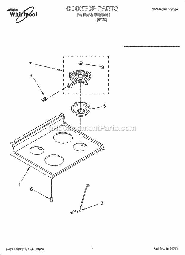Whirlpool WGE33301 Freestanding Electric Cooktop Parts Diagram