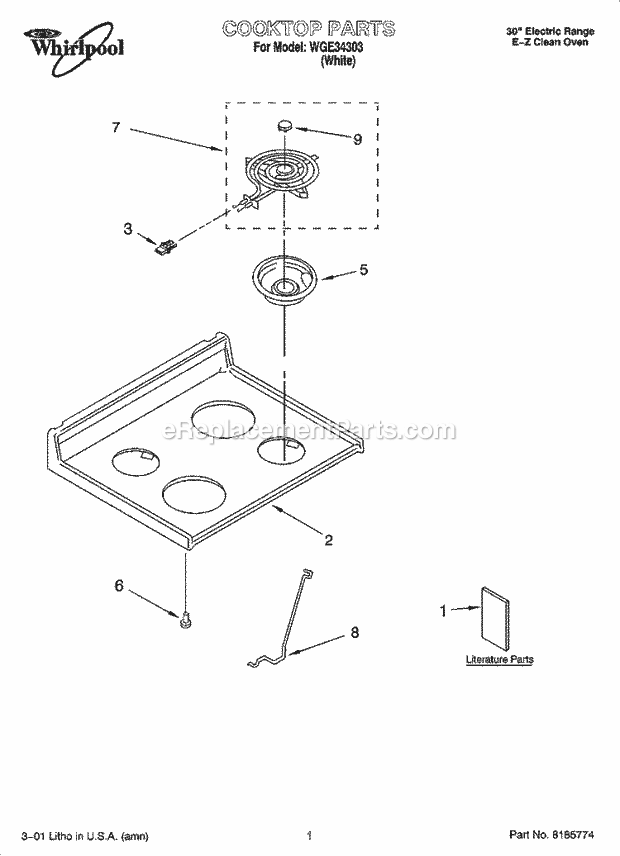 Whirlpool WGE34303 Freestanding Electric Cooktop Parts Diagram