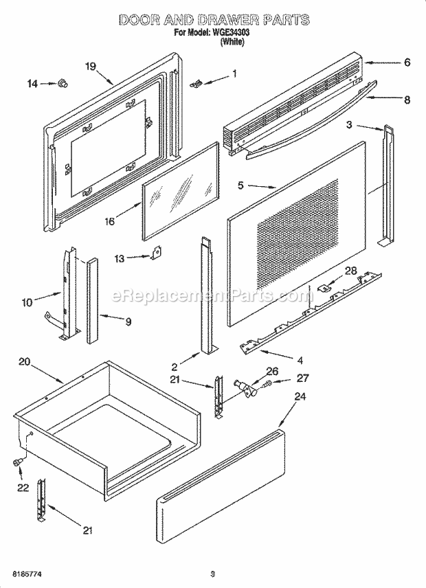 Whirlpool WGE34303 Freestanding Electric Door and Drawer Parts Diagram