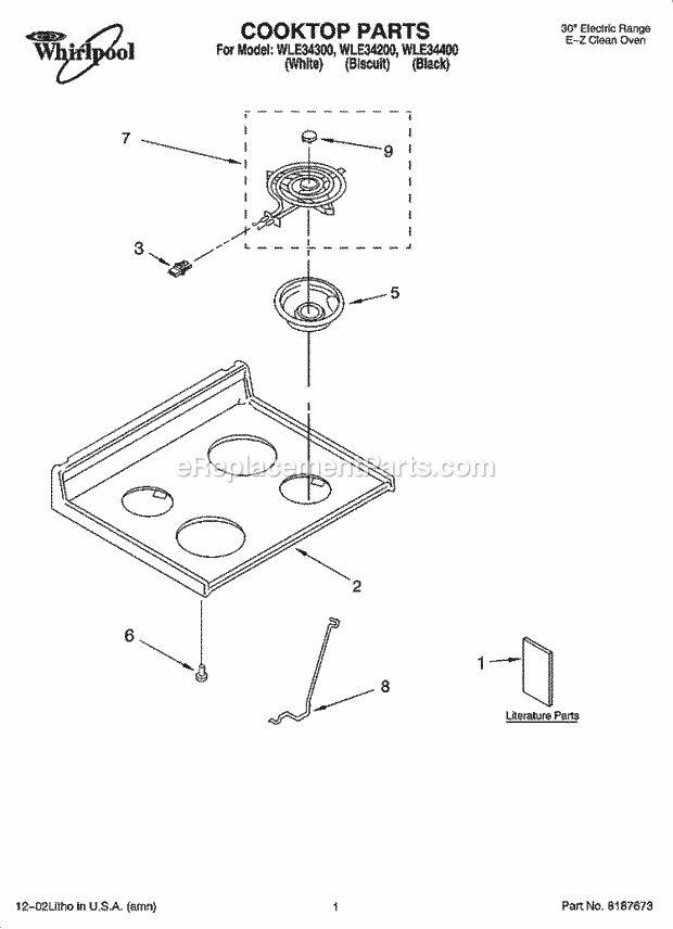 Whirlpool WLE34200 Freestanding Electric Cooktop Parts Diagram