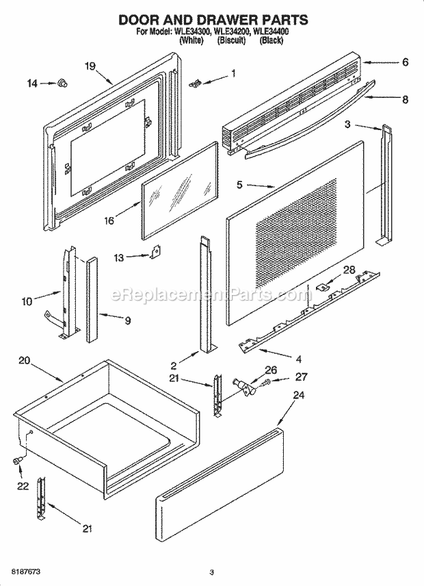 Whirlpool WLE34200 Freestanding Electric Door and Drawer Parts Diagram