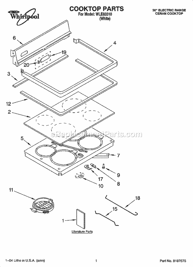 Whirlpool WLE83310 Freestanding Electric Cooktop Parts Diagram