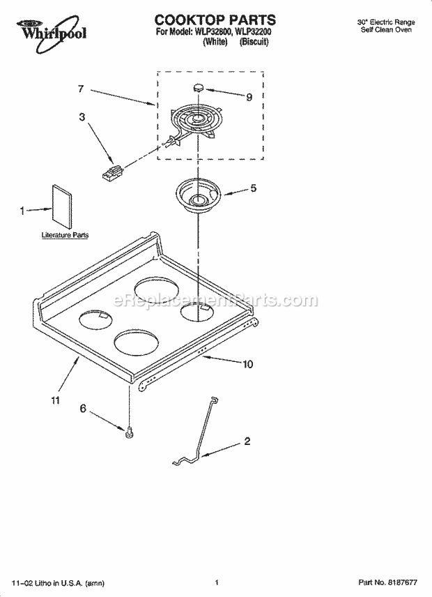 Whirlpool WLP32800 Freestanding Electric Cooktop Parts Diagram