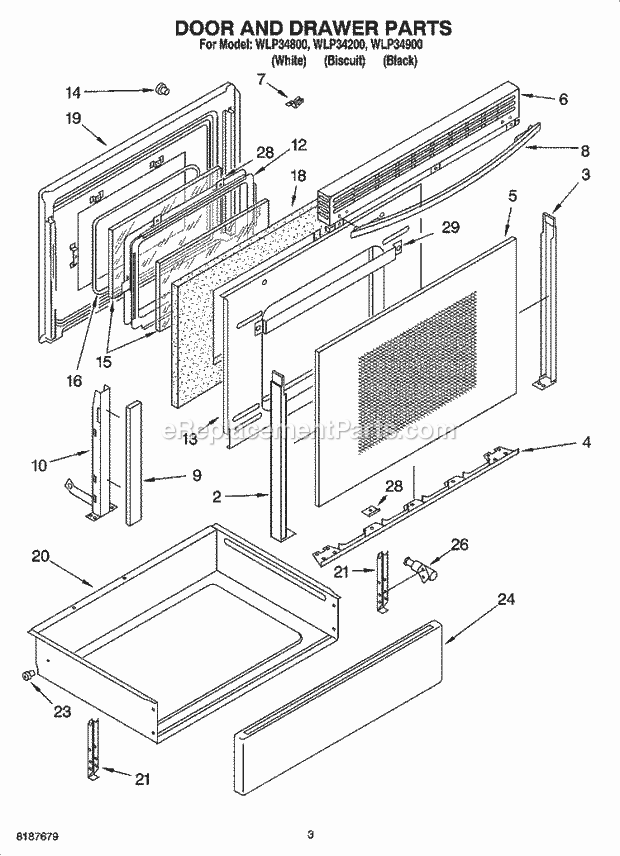 Whirlpool WLP34900 Freestanding Electric Door and Drawer Parts Diagram