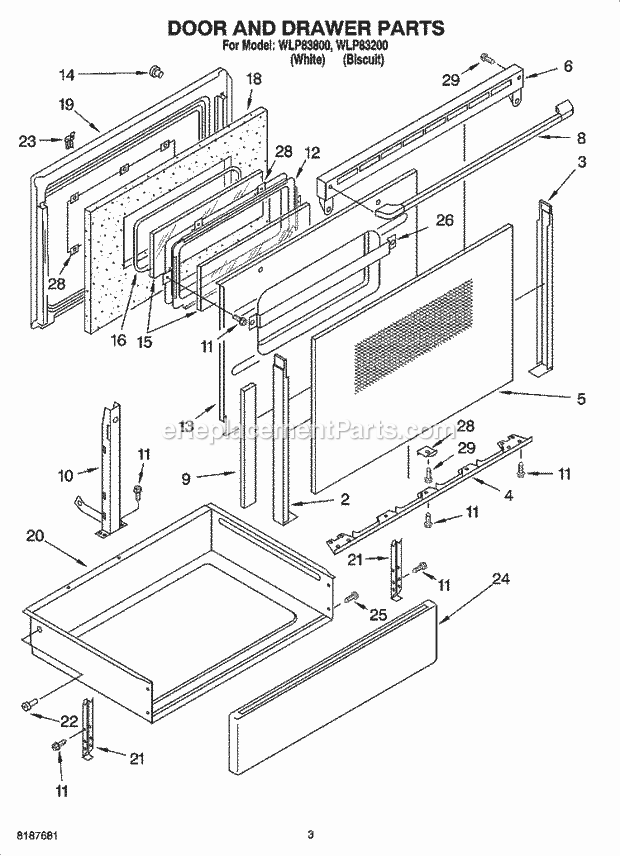 Whirlpool WLP83200 Freestanding Electric Door and Drawer Parts Diagram