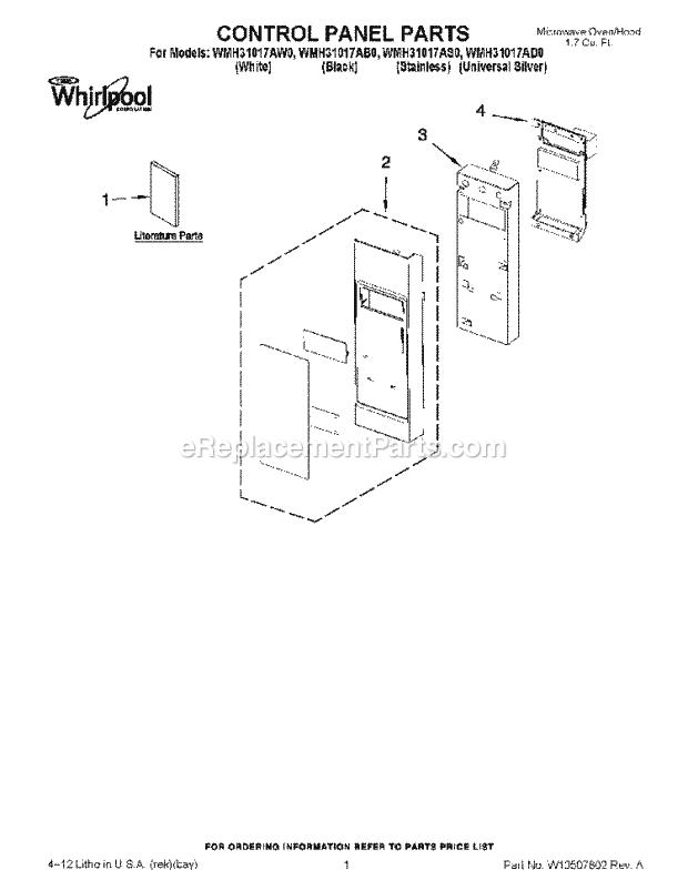 Whirlpool WMH31017AB0 Microwave Oven Range Hood Combo 1.7 Cu. Ft. Control Panel Parts Diagram