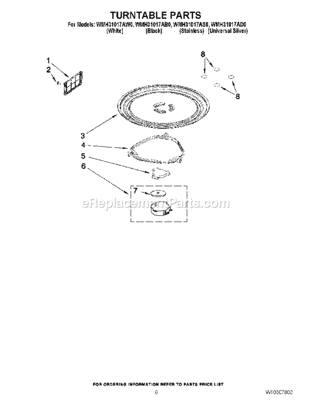 Whirlpool WMH31017AB0 Microwave Oven Range Hood Combo 1.7 Cu. Ft. Turntable Parts Diagram
